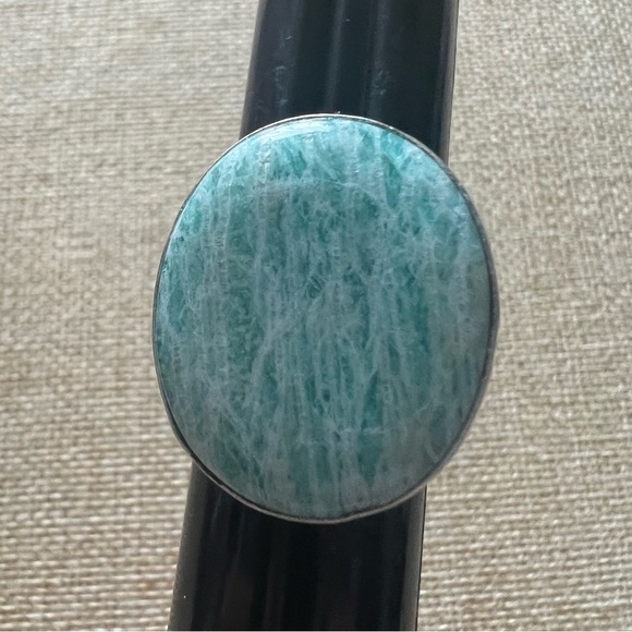 New Amazonite Stone Crystal Silver Overlay Ring Size 8 - Picture 1 of 5